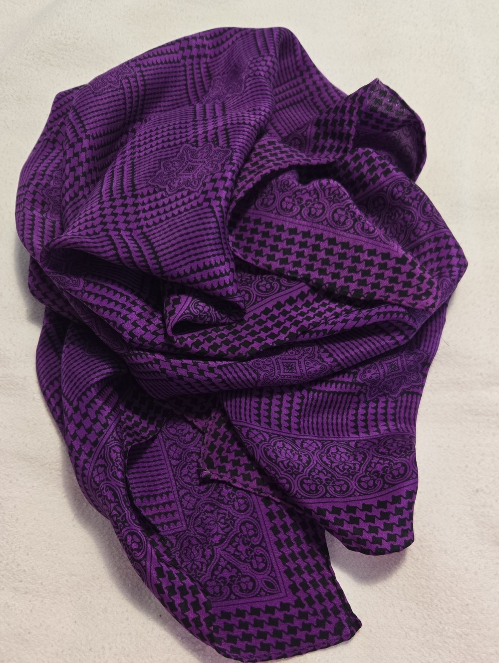 Liz Claiborne Purple & Black Silk Scarf Geometric Print Square Scarf Vintage